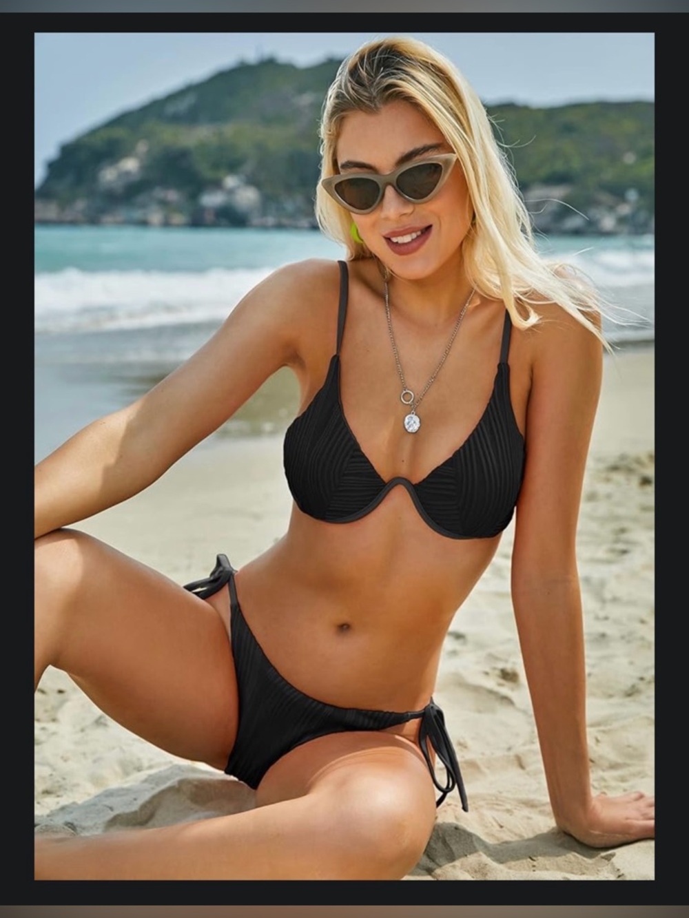 Zaful Black Ribbed Two-Piece Bikini Set Adjustable Straps Durable High Cut